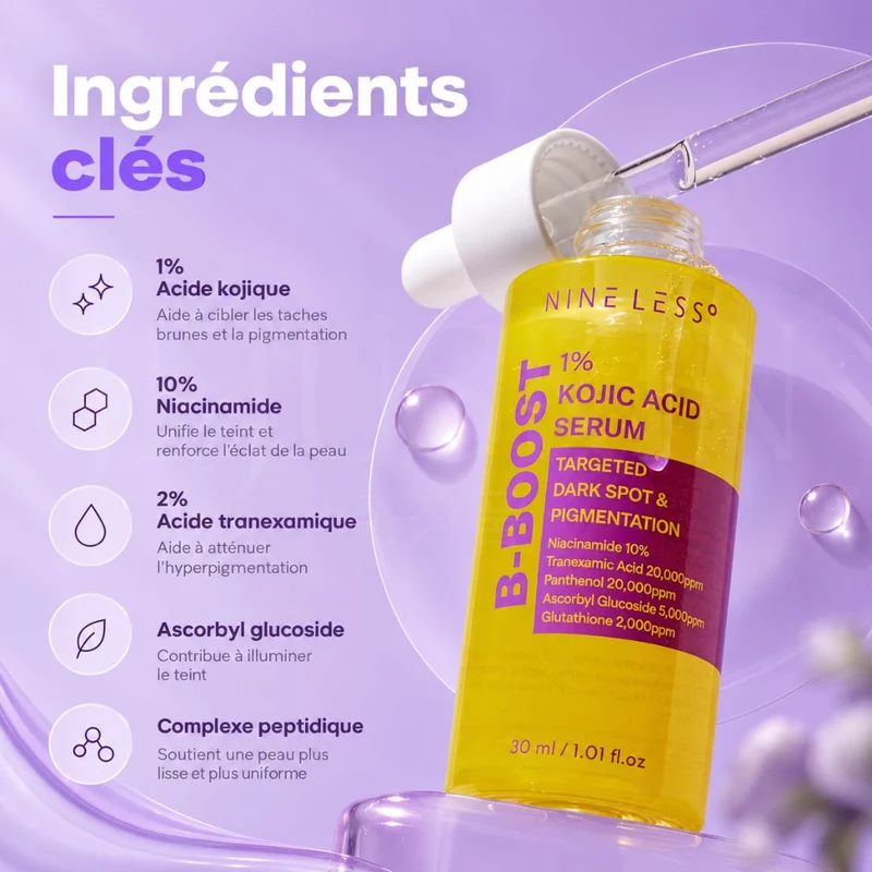 Nine Less - Sérum anti-taches B-Boost à 1% d’acide kojique - 30ml