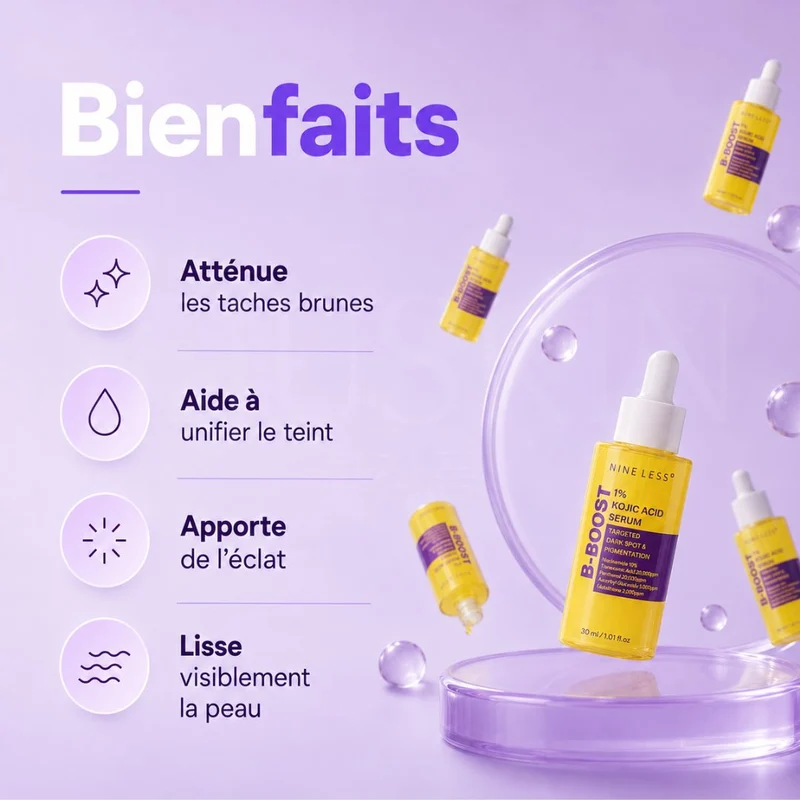 Nine Less - Sérum anti-taches B-Boost à 1% d’acide kojique - 30ml