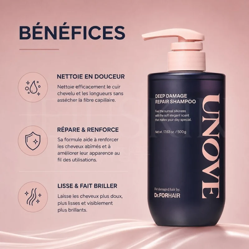 Unove - Shampoing réparateur intense pour cheveux abîmés - 500g
