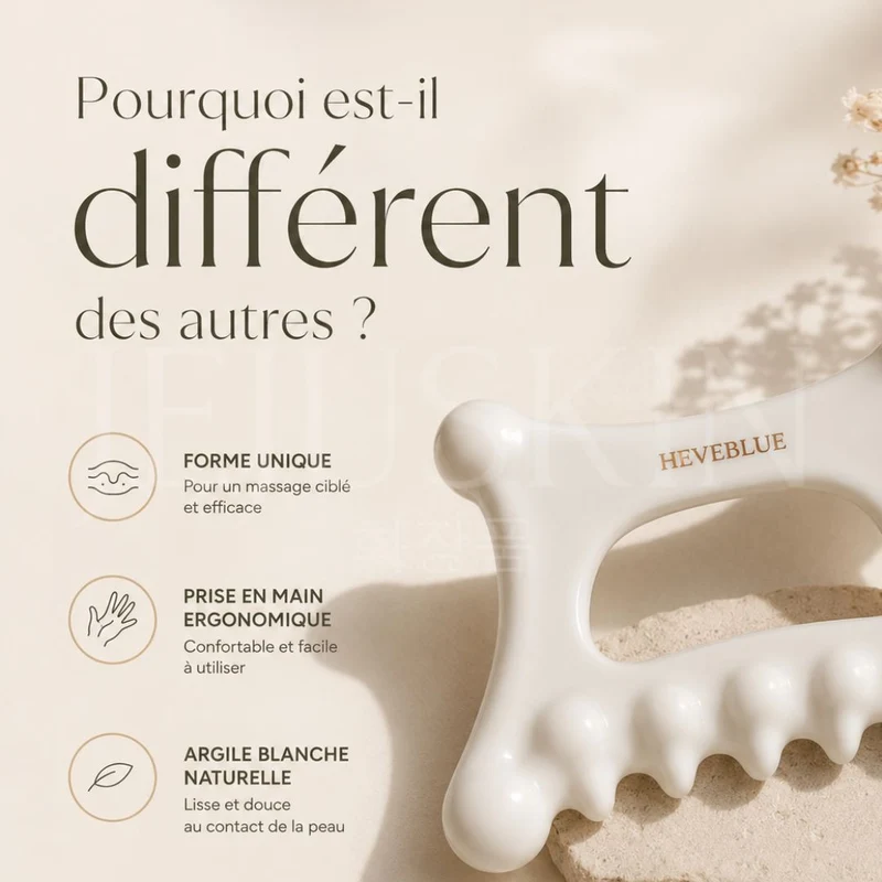 Heveblue - Gua Sha premium relaxant en argile blanche naturelle