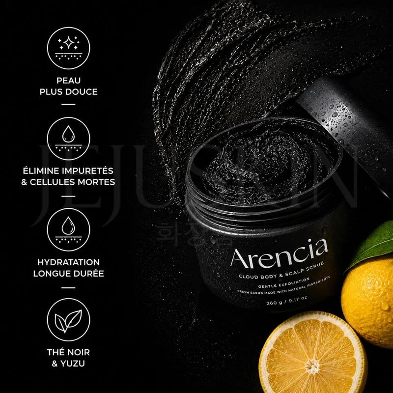 Arencia - Gommage exfoliant Fresh Cloud pour le corps et le cuir chevelu au thé noir et yuzu - 260g
