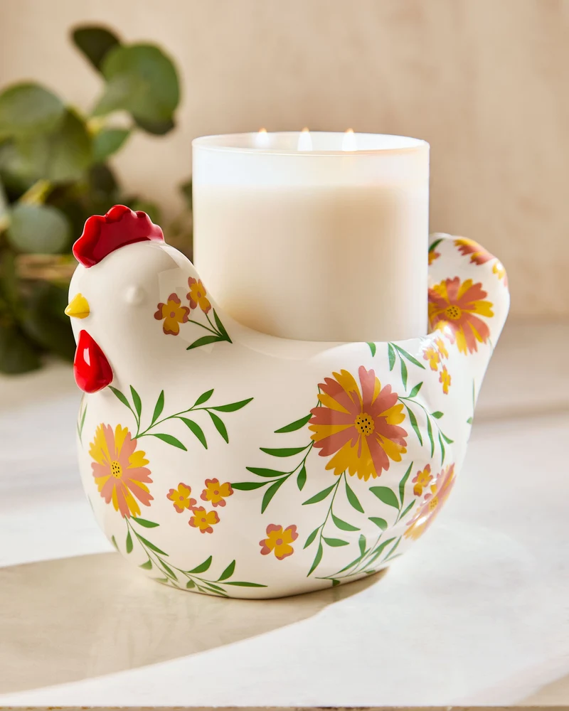 Floral Chicken Pedestal 3-Wick Candle Holder