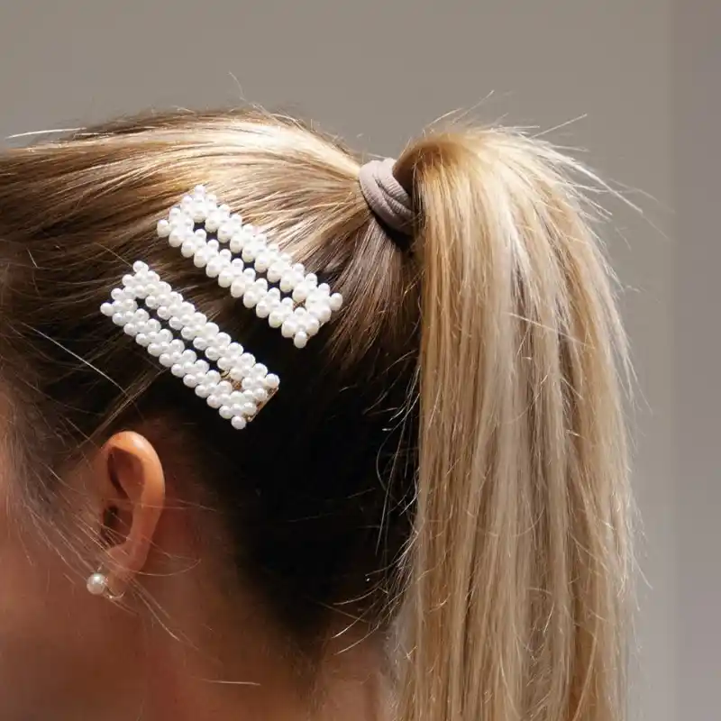 2 Barrettes Dorées avec Perles Blanches