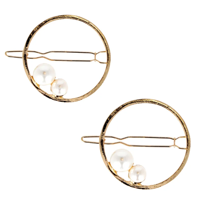 Barrette Ronde Dorée Perles Blanches - Lot de 2
