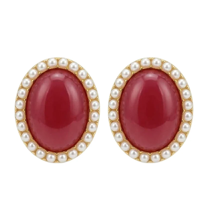 Boucles D'oreilles Ovales « Velours De Grenat » & Entourage Perles