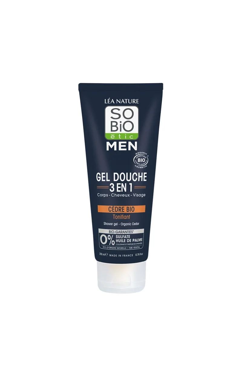 Gel douche 3-en-1 tonifiant bio - Cèdre bio - Visage, corps & cheveux - 200 ml - Homme