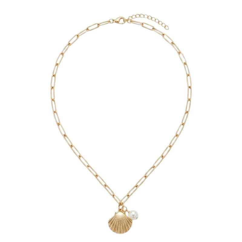 Collier Doré À Maillons Ovales Avec Coquillage Et Perle
