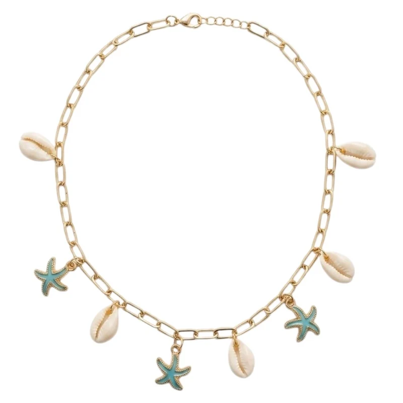 Collier Chaîne Dorée Avec Coquillages Et Étoiles De Mer Turquoise