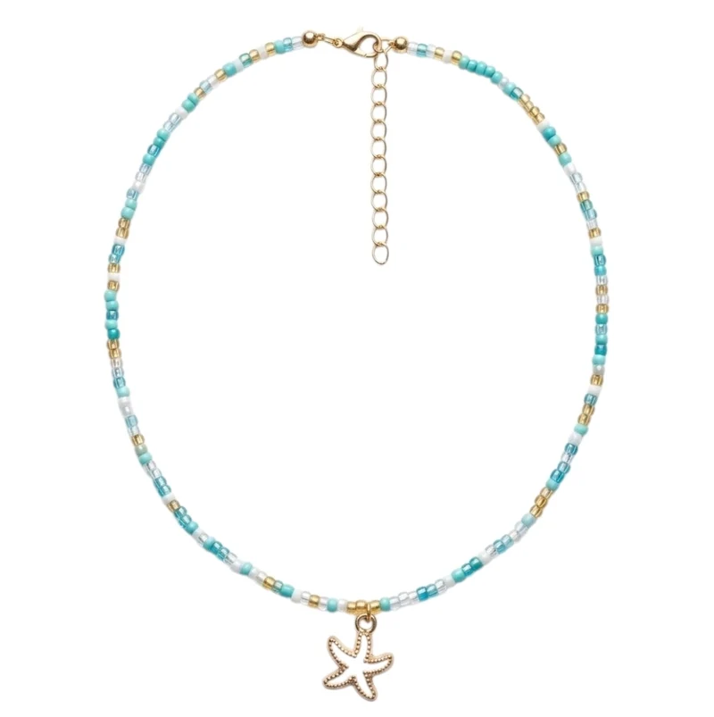 Collier Perlé Bohème Chic Turquoise Avec Pendentif Étoile De Mer