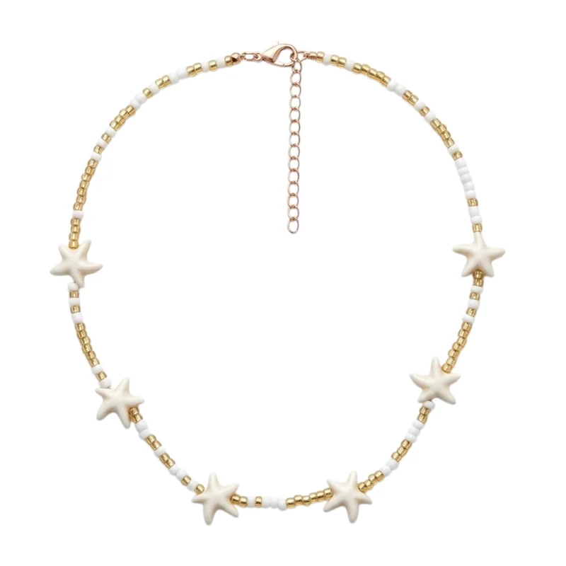 Collier D'Été Élégant – Perles Dorées Et Blanches Avec Étoile De Mer