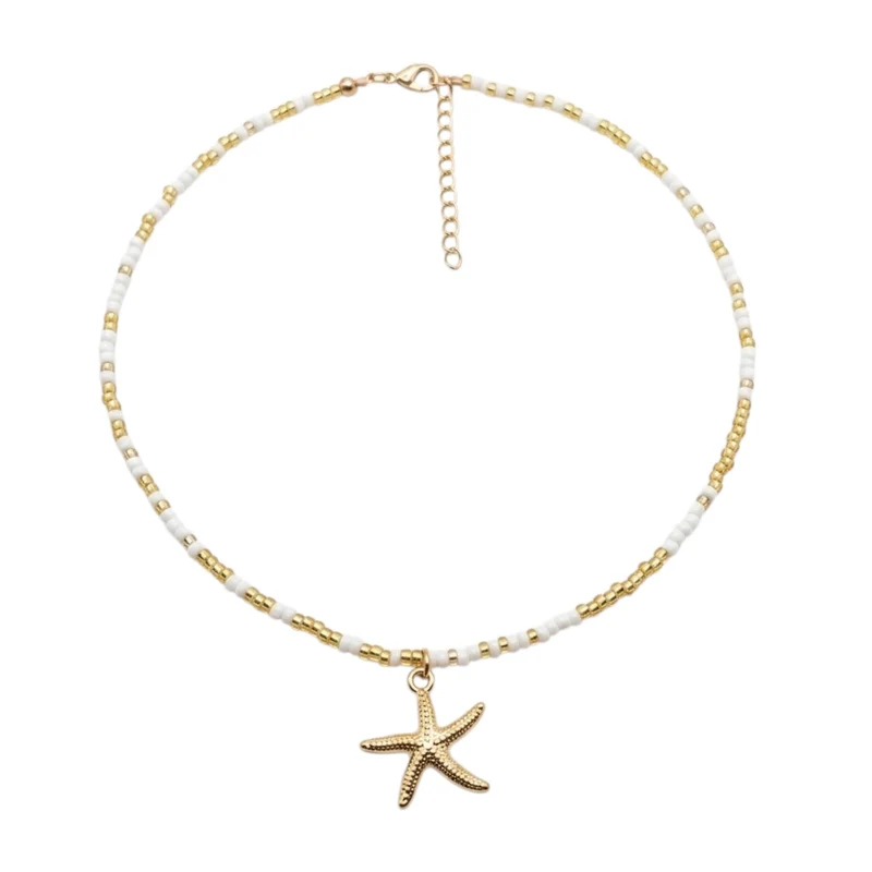 Collier Bohème Chic Blanc & Doré Avec Pendentif Étoile De Mer