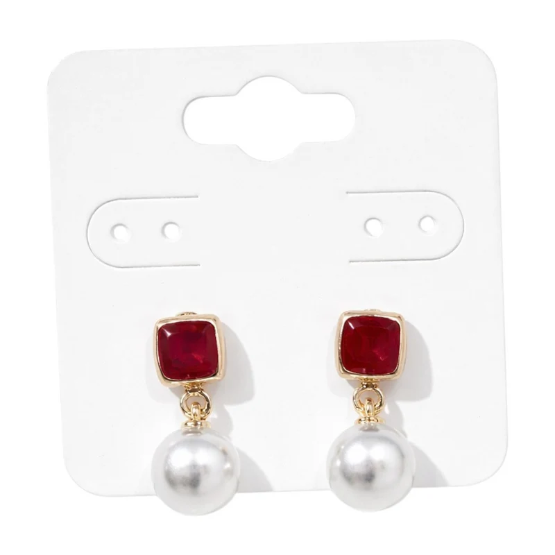 Boucles D'Oreilles Carrées En Verre Rouge Et Pendentif Perle