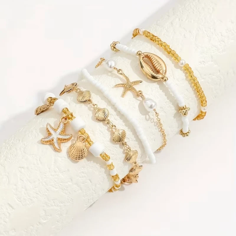Bracelets Bohème Marins Dorés Avec Perles Et Coquillages 1Pièces