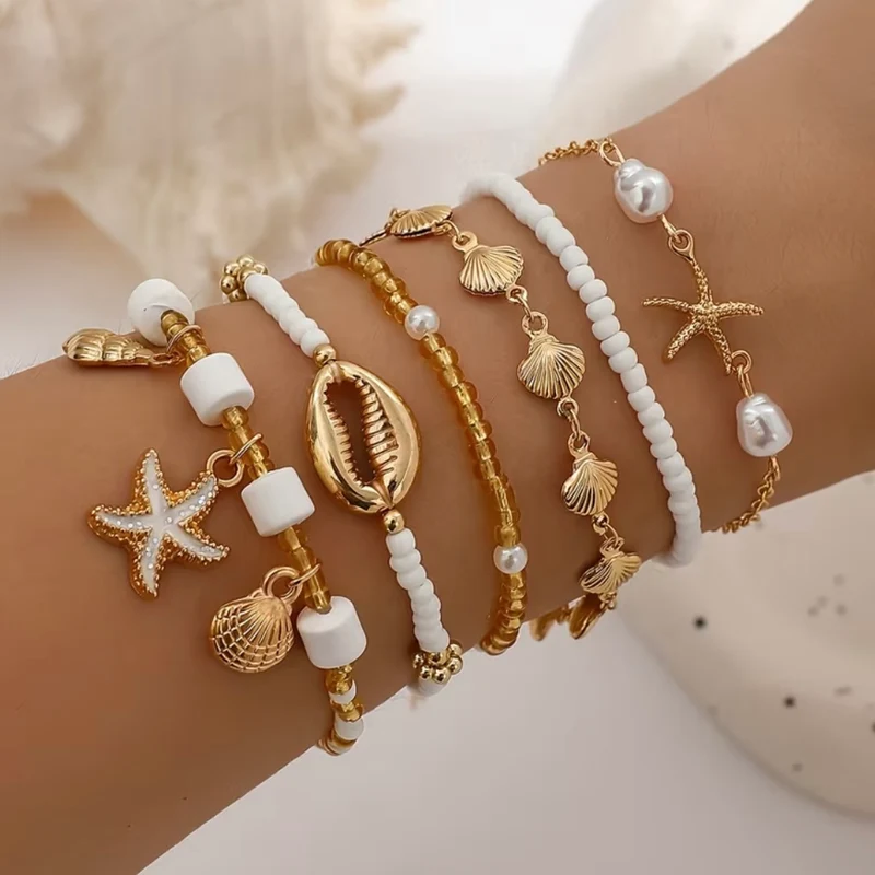 Bracelets Bohème Marins Dorés Avec Perles Et Coquillages 1Pièces