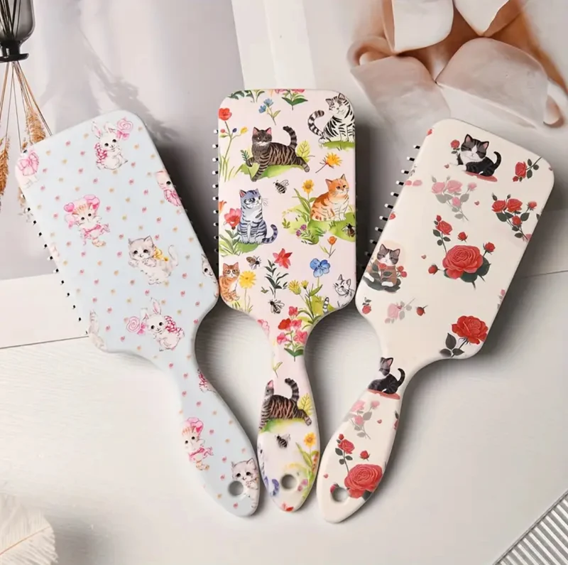 Peigne Coussin D'Air Mignon Chat Brosse À Cheveux Grandes Soies Nylon Pour Filles Anti-Static Démêlage Design Fleurs Et Chat