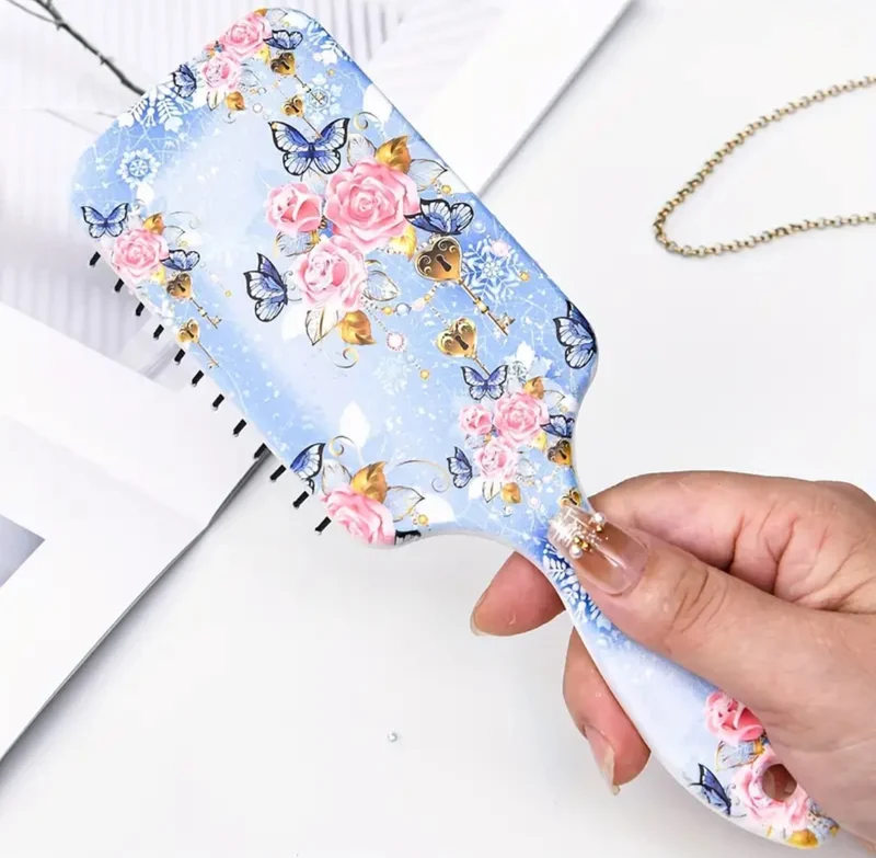 Brosse À Cheveux Anti-Statique Avec Coussin D'Air Confortable Motif Fleur Bleu