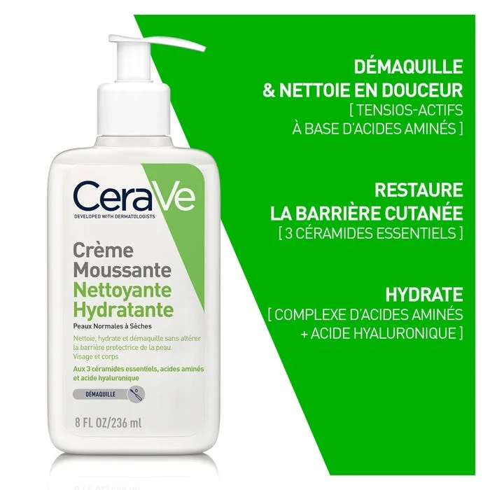 Cerave Crème Moussante Nettoyante Hydratante Visage Pour Les Peaux Normales À Sèches