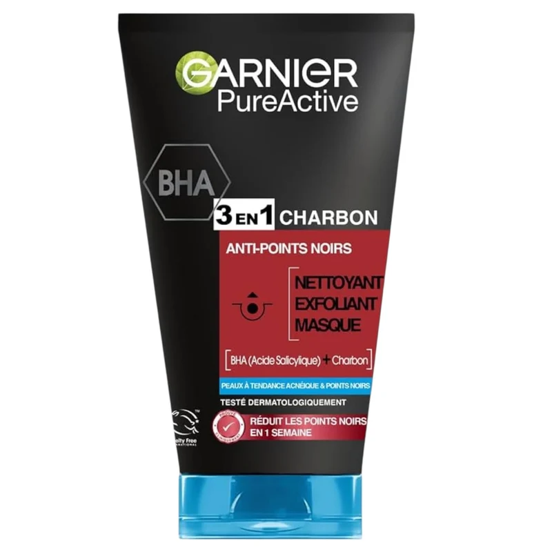 Garnier Pure Active 3En1 Nettoyant Exfoliant Masque Réduit Les Points Noirs - Bha & Charbon