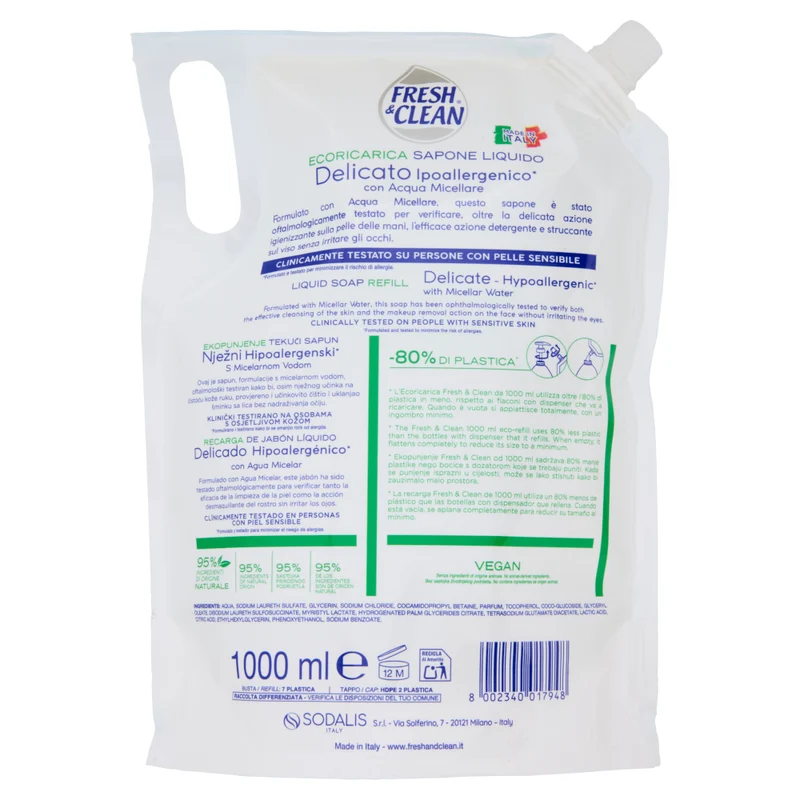 Fresh & Clean Sapone Liquido Delicato Ipoallergenico con Acqua Micellare Ecoricarica 1000 ml — Sapone liquido