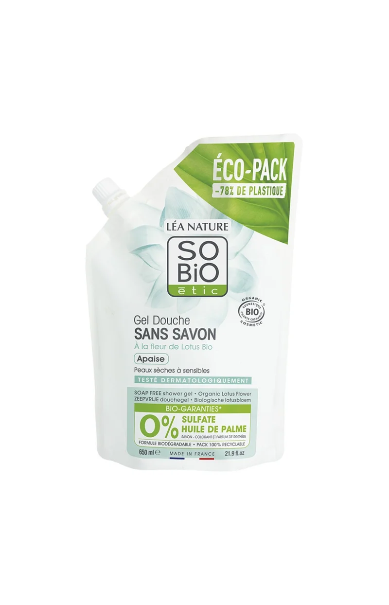 Eco-recharge gel douche sans savon apaisant bio - Fleur de lotus - 650 ml