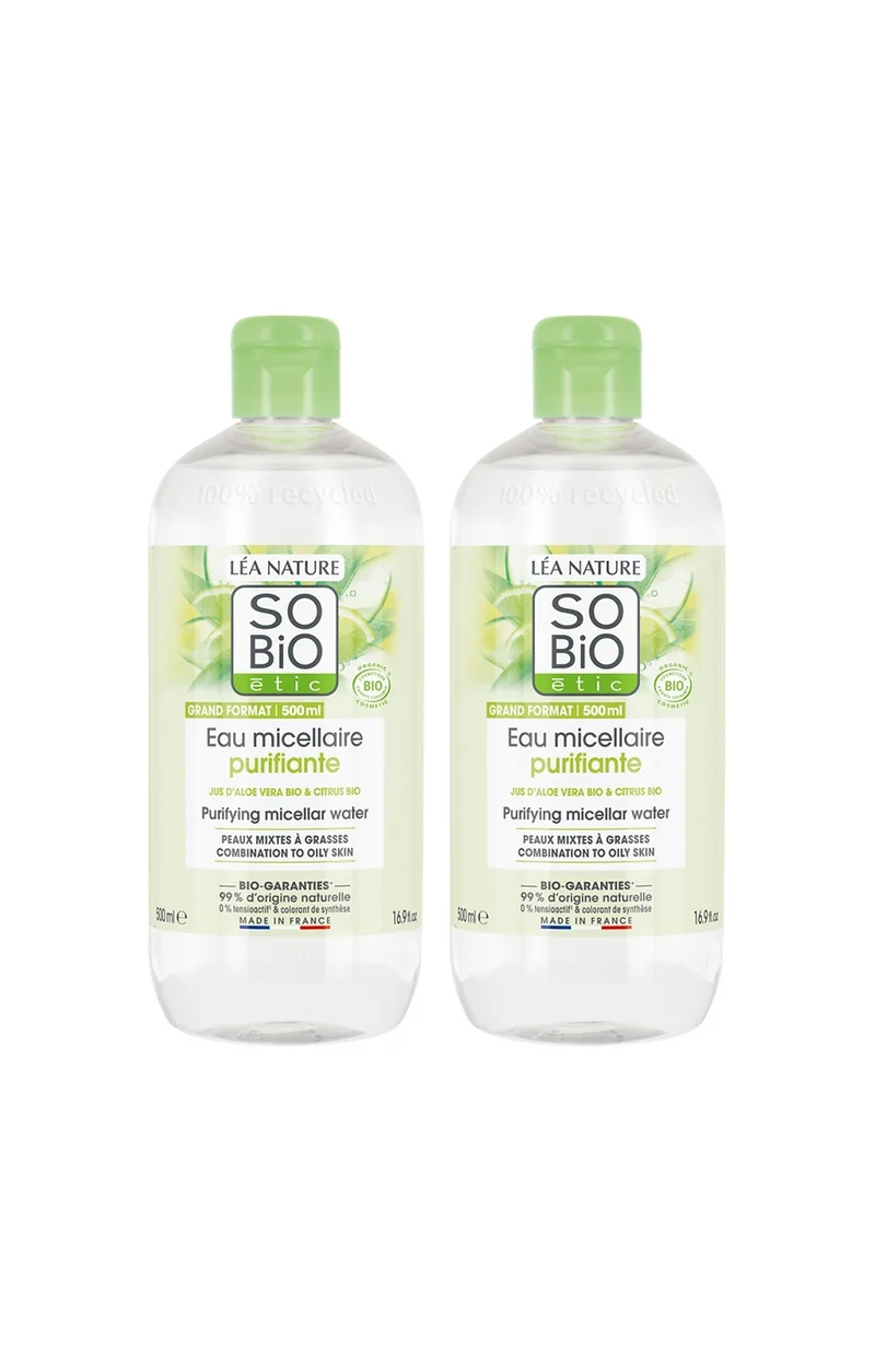 Eaux micellaires purifiantes bio - Aloe vera - Peaux mixtes à grasses - 2 x 500