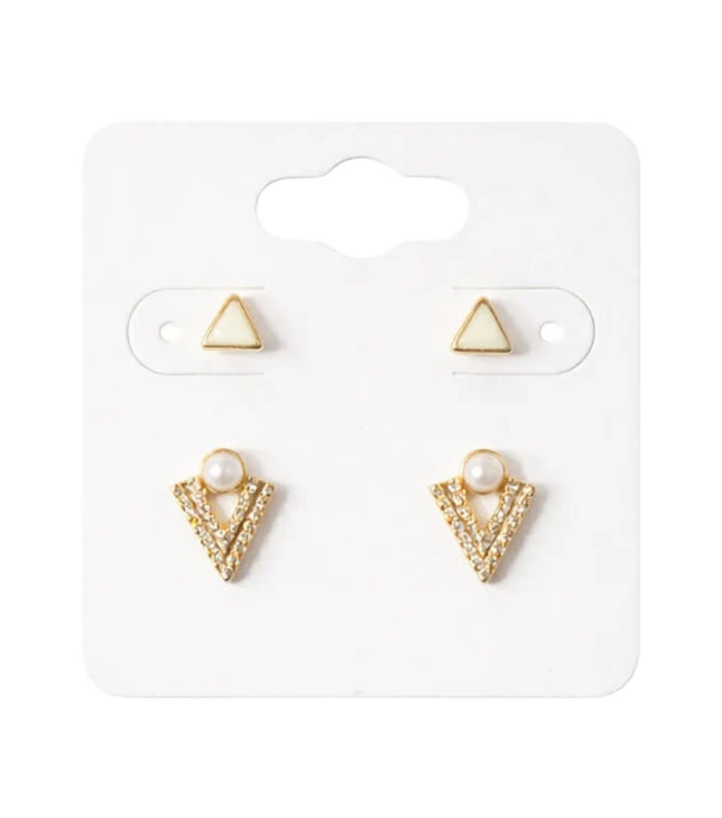 Lot De 2 Paires De Boucles Dorées - Triangles Blancs Et Strass