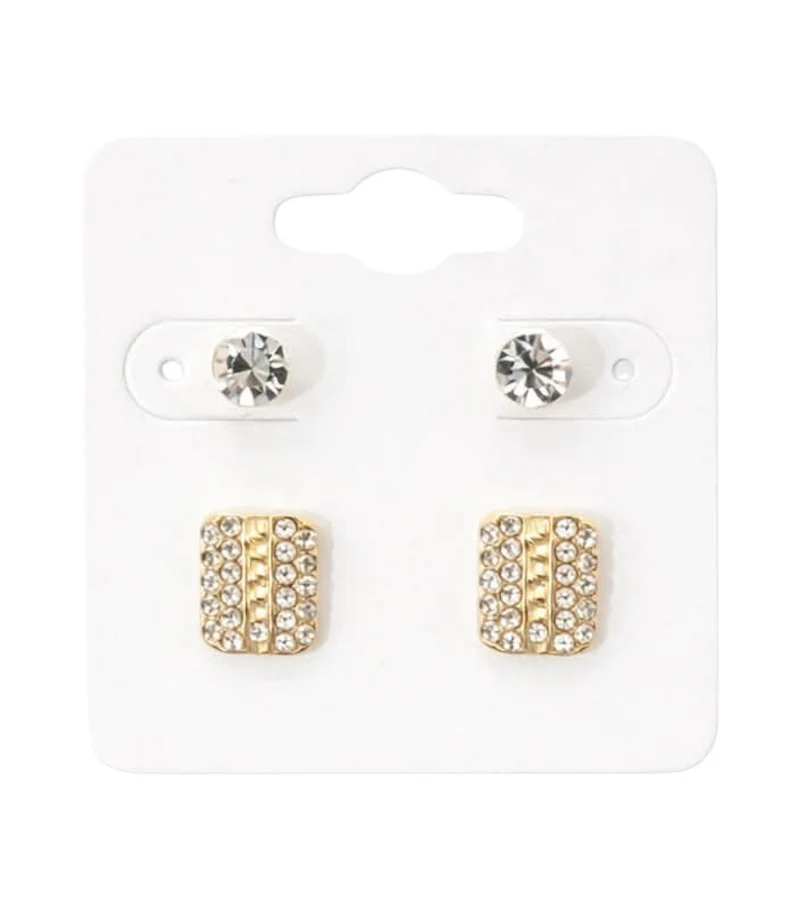 Lot De 2 Paires De Boucles Dorées - Cristaux Ronds Et Carrés Sertis