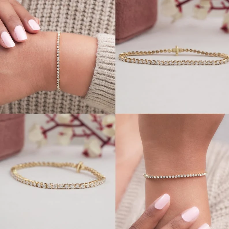 Bracelet Tennis En Diamants Cultivés En Laboratoire Taille Ronde Bracelet De Mariée En Jaune 14 Carats Cadeau Bracelet En Diamants Sans Conflit Pour Elle