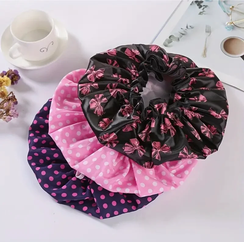 1 Bonnet De Douche À Double Couche Haute Qualité Avec Imprimé Floral Et Pois Bonnet De Douche Élégant