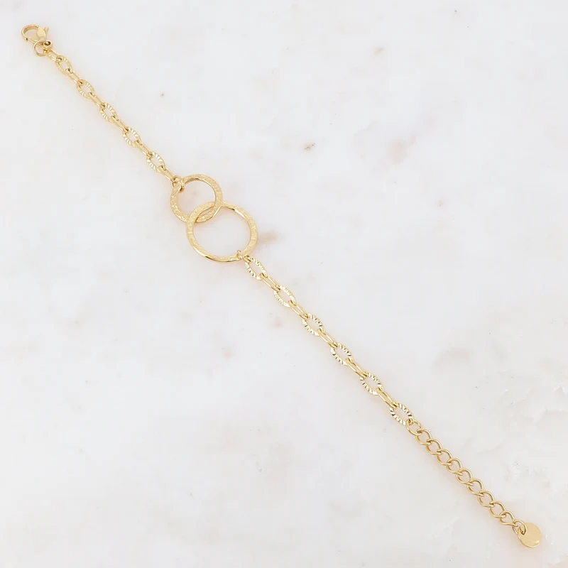 Bracelet Chaîne 2 Cercles Entrelacés Martelés Acier Inoxydable Doré Femme