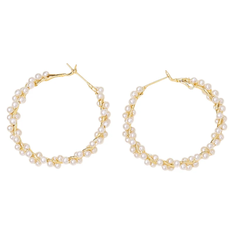 Créoles Dorées Tressées Avec Perles Blanches Boucles Anneaux