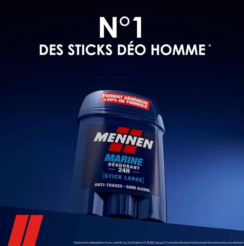 Mennen Marine Déodorant Homme 24H Stick Large Sans Alcool Anti-Traces