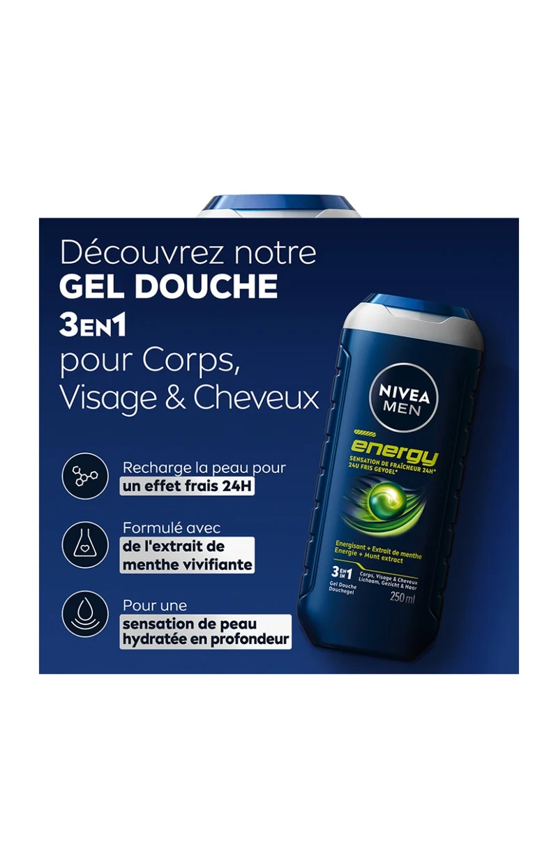 Gels douche 3-en-1 à la menthe - Visage, corps & cheveux - Homme - 3 x 250 ml