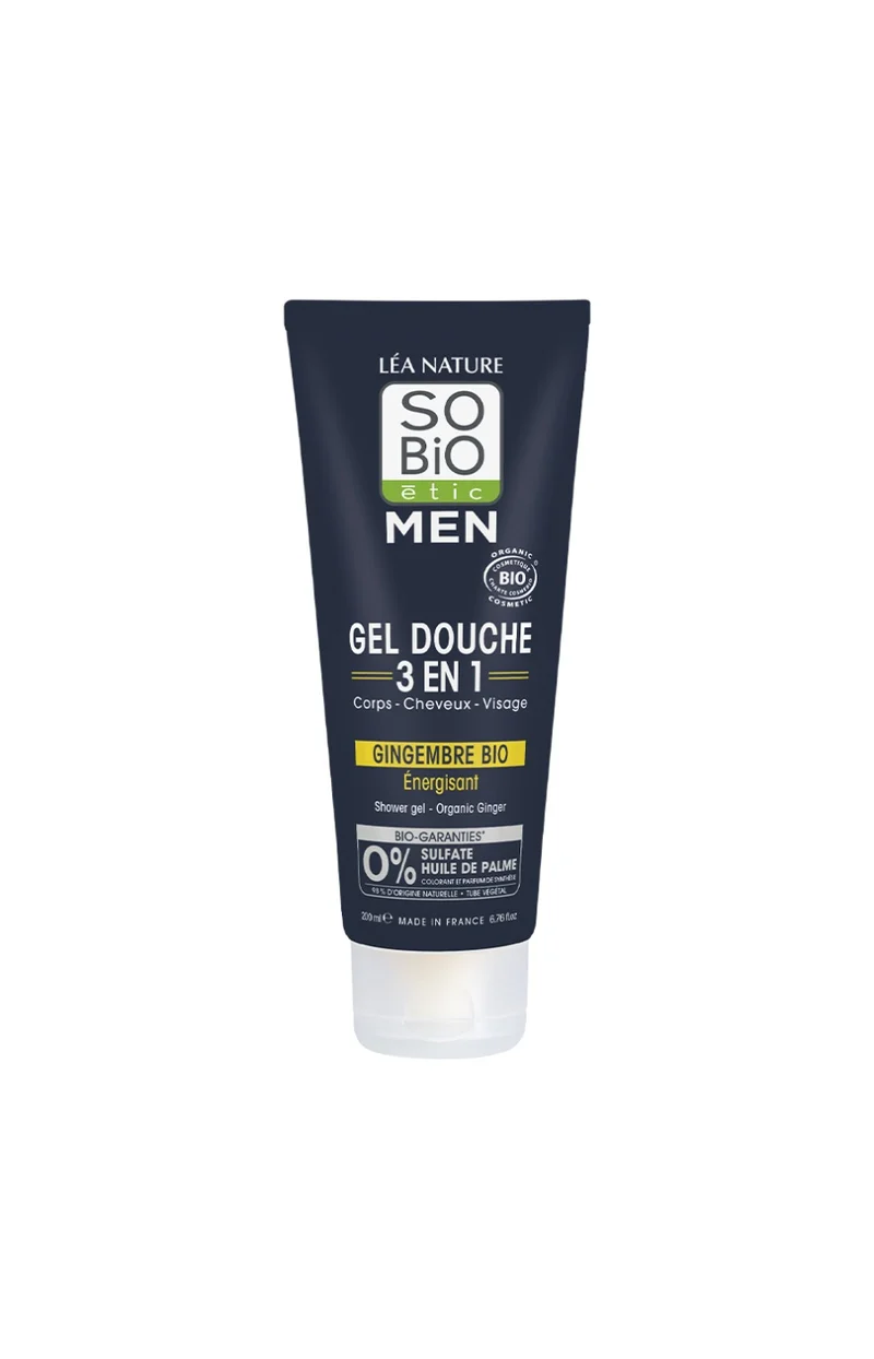 Gel douche 3-en-1 énergisant bio - Gingembre bio - Visage, corps & cheveux - 200 ml - Homme