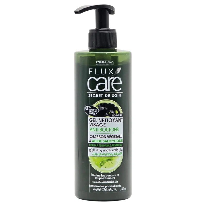 Flux Care Secret De Soin Gel Nettoyant Visage 0%Paraben Silicone Savon Anti-Boutons Charbon Végétale & Acide Salicylique