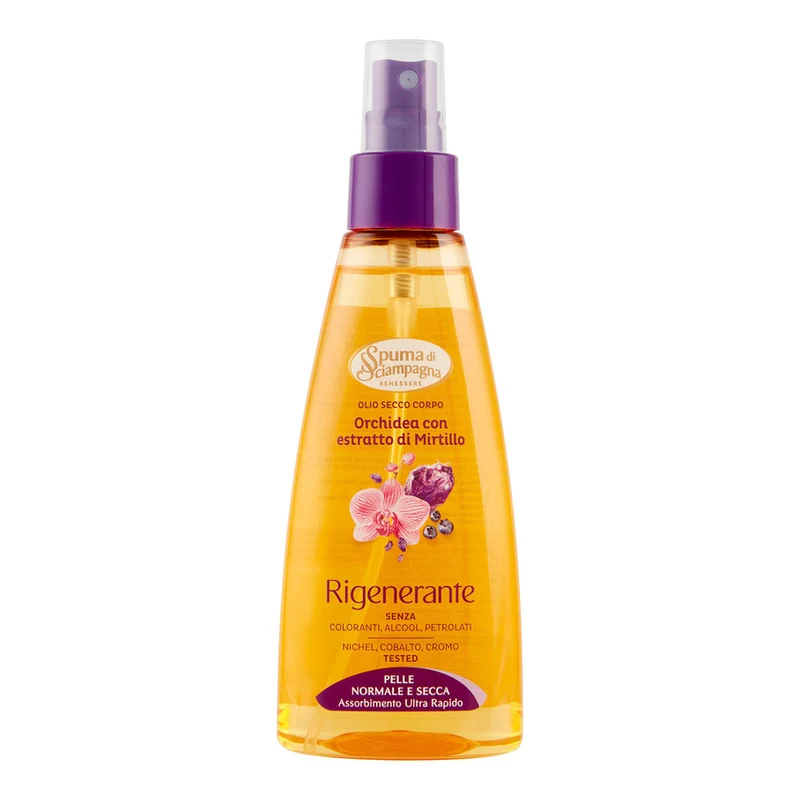 Spuma Di Sciampagna Olio Corpo Secco Emoliente Con Estratto di Monoi Per Pelle Normale e Secca Spray 150 Ml