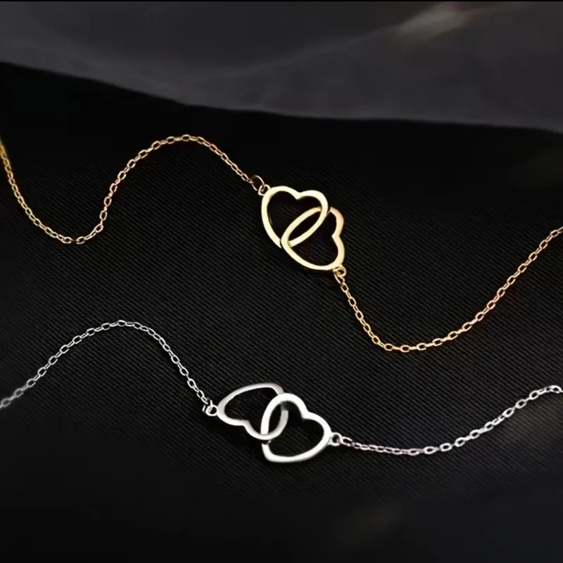 Collier Pendentif Double Cœur Élégance Minimaliste Chic À La Mode Design De Fermoir Polyvalent Cadeau Exquis Pour Les Femmes