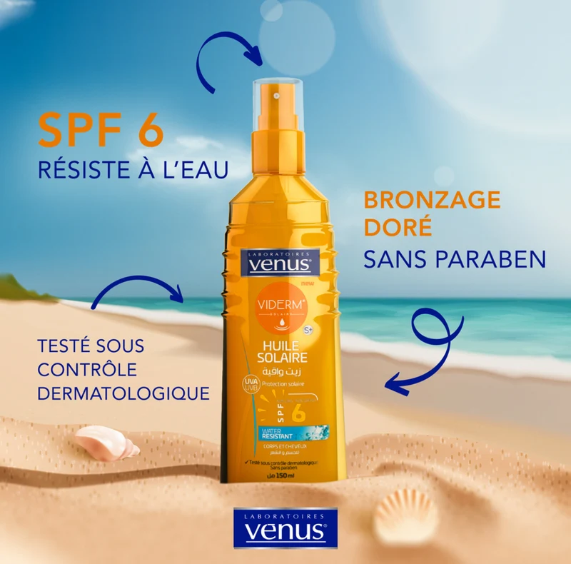 Venus Viderm Huile Solaire Protection Solaire Uva Uvb Non Gras-Non Greasy Spf 6 Water Résistant Corps Et Cheveux