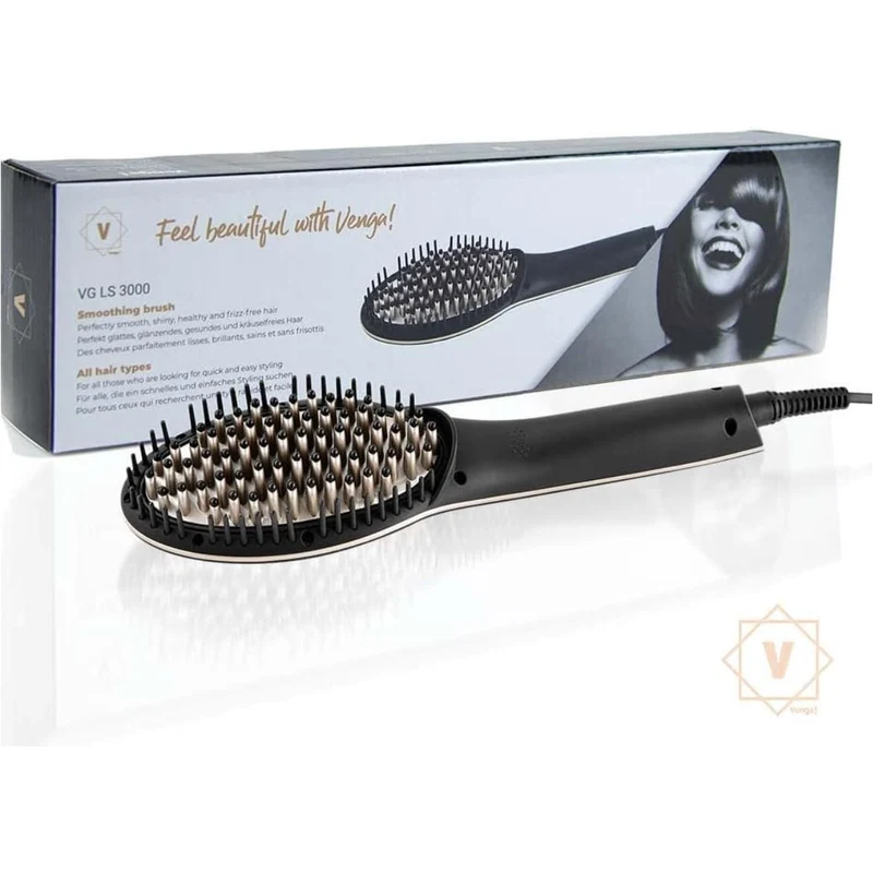 Venga! Brosse Lissante, Contrôle Numérique de la Température 80-230°C, Revêtement en Céramique avec Tourmaline Ionique, Pointes Massantes, Chauffage PTC, Noir/Or, 70 W, VG LS 3000